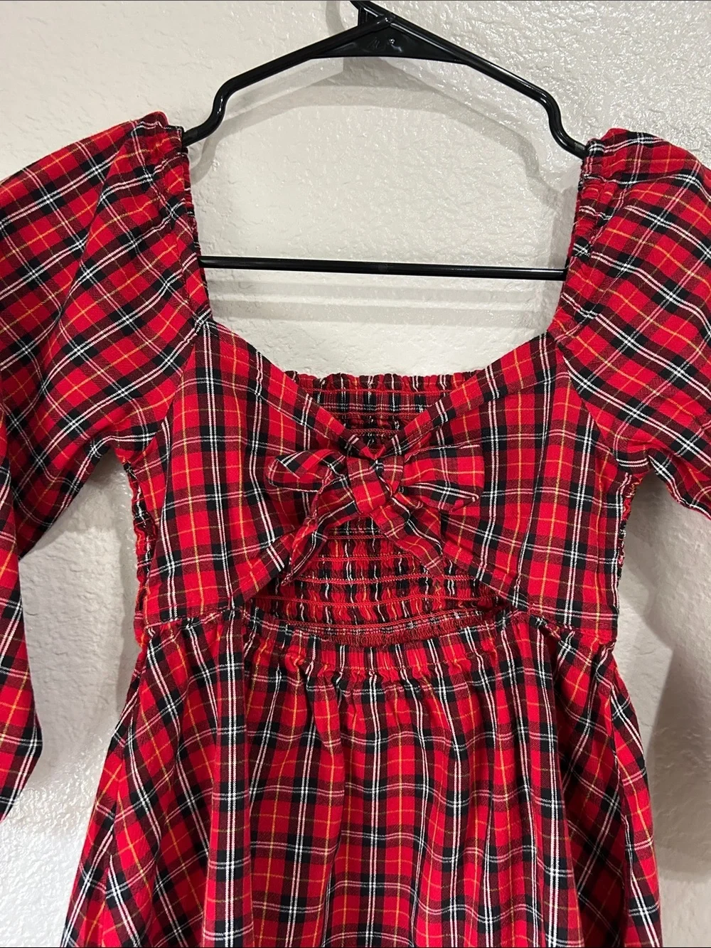 Old Navy Girls Red Plaid Smocked Dress Sz 6/7 Long Sleeve Summer Party Formal